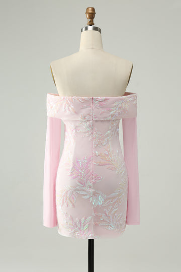 Sparkly Pink Bodycon Off The Shoulder Sequin Homecoming Dress with Long Sleeves
